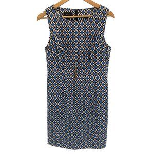 AB Studio Women’s Blue  White Geo Sleeveless Sheath Dress Size 10 Mod 70's Style
